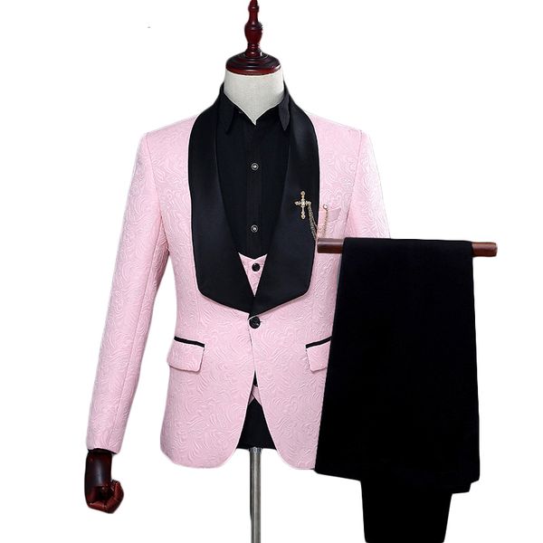 

red white pink suit men 2018 slim fit shawl collar men suits for wedding fashion jacquard 3 piece prom suits, White;black