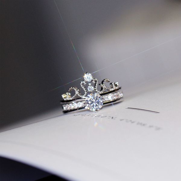 

moon over creative crown combination ring 925 sterling silver shiny zircon rings for women rose gold silver 925 jewelry ring set, Golden;silver