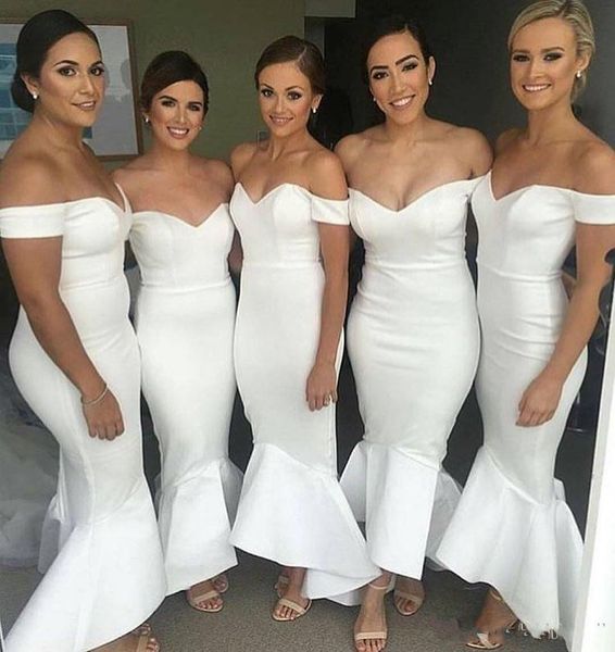 Design Ivory Novo vestidos de dama de honra da sereia longa do ombro de chá de chá de babados Duas da festa de casamento Vestido barato