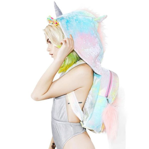 

sugar baby softy girl's tie-dyed colorful unicorn hooded backpack removable hat cool street style funny coat velour school bag