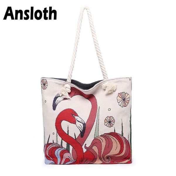 

ansloth fashion flamingo printing women shoulder bags canvas handle bag simple style handbag casual shopping bags hps186