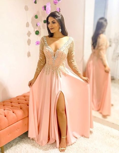 

a line chiffon long sleeve prom dresses side cuts for birthday south africa 2019 formal dresses evening plus size with beads, Black