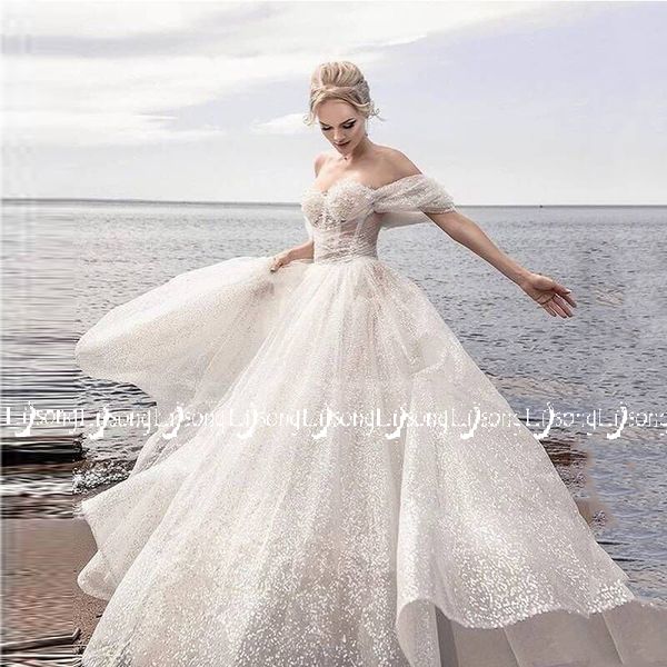 Abito da sposa con paillettes in cristallo con spalle scoperte Vestido de novia Abiti lunghi da sposa con lacci romantici Abiti lunghi da sposa su misura