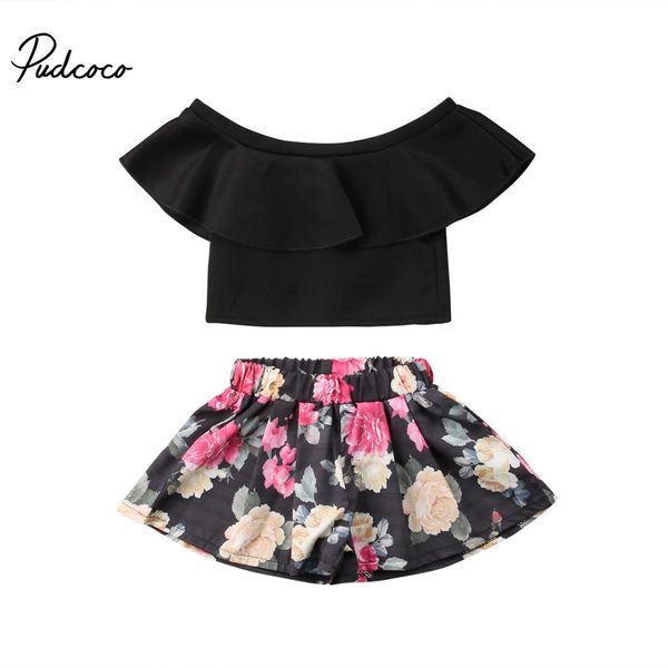 

2018 brand new 2pcs toddler infant child kid baby girl off-shoulder floral outfit crop ruffled skirt 2pcs set clothes 6m-5t, White