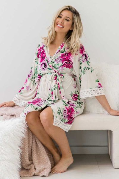 

women maternity pregnant long sleeve v-neck floral lace nursing robes sleepwear nightwear, Black;red