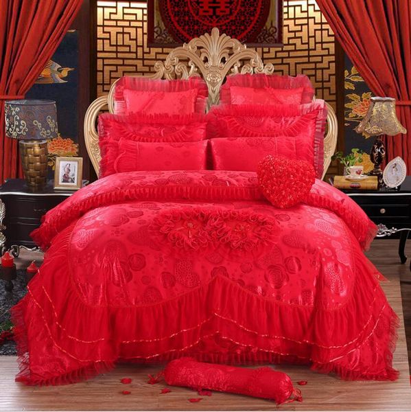 4 6 Princess Lace Luxury Bedding Set Queen King Size Red Jacquard