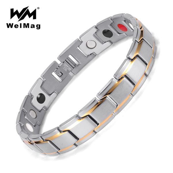 

welmag fashion stainless steel men's bracelet silver gold magnetic negative ion charm bracelets bangles male dropshipping 2018, Golden;silver