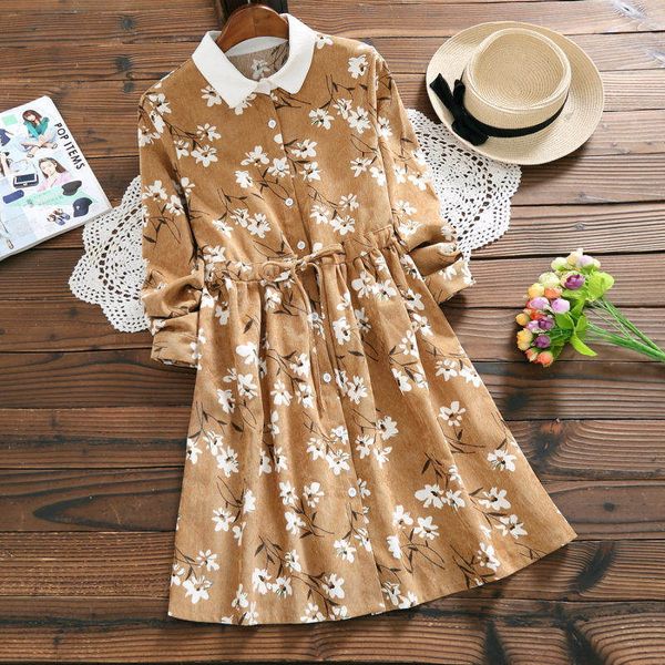 

fashion new female autumn winter dress robe corduroy flower print vintage dress women bow lace up dresses slim femme vestidos, White;black