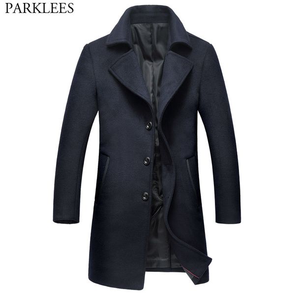 

winter men's long trench coat 2018 brand new single breasted notched lapel wool blends peacoat jacket men thick outwear overcoat, Black