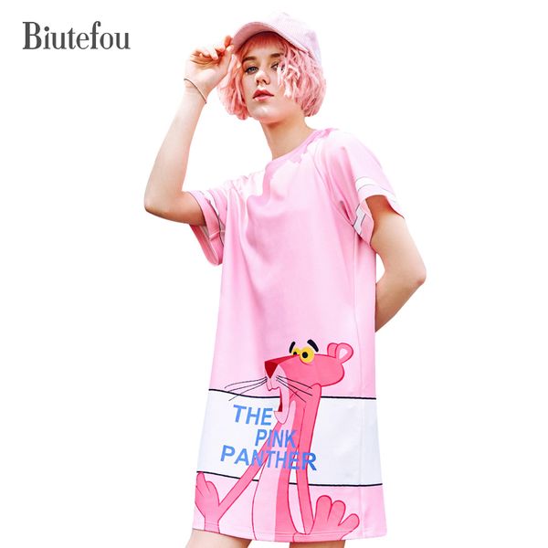 

party dresses 2021 [biutefou] summer fashion cartoon print spliced women pink panther pattern short sleeve, White;black