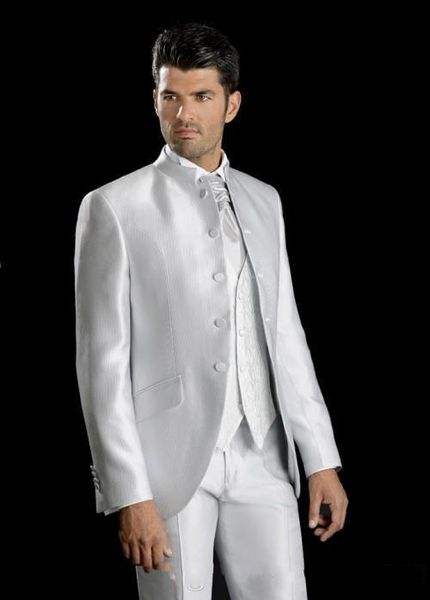 Melhor Moda Branco Lapela Mandarim Cinco Botão Dos Homens 3 Peça Terno De Casamento Do Smoking Do Smoking Do Smoking Dos Homens Jantar Prom roupas (Jaqueta + Calça + Gravata + Colete) 1