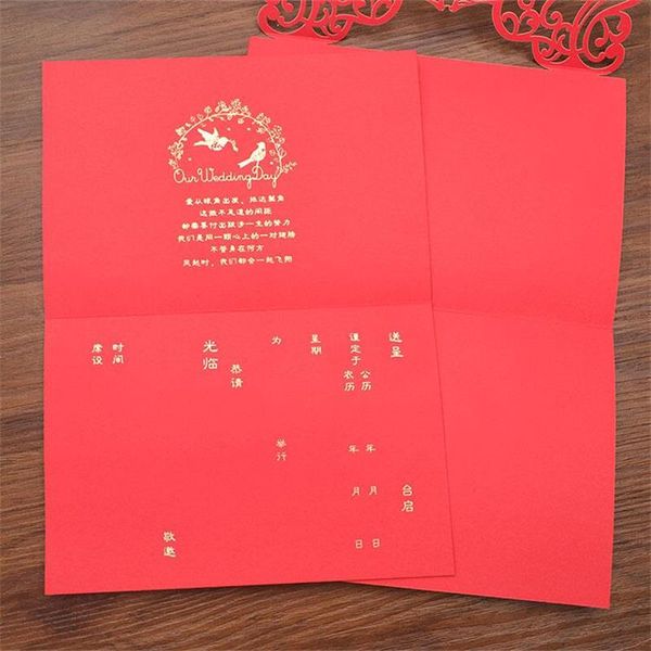Vintage chinesischer Stil, ausgehöhlte Hochzeitseinladungen, kreative Bräute, Paare, Karten, roter Einband, Folienprägung, schicke Brautkarte2273