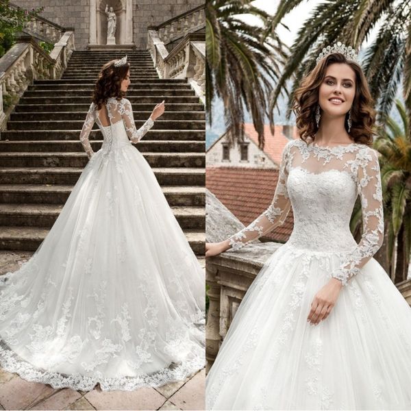 

2019 new queen vestios de novia a-line plus size wedding dresses sheer long sleeves lace corset back vintage bridal gowns ba6379