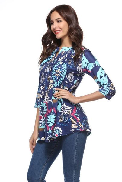 

2018 autumn new women's printing round neck pleated seven-quarter sleeve long shirt shirt t-shirt ing, White