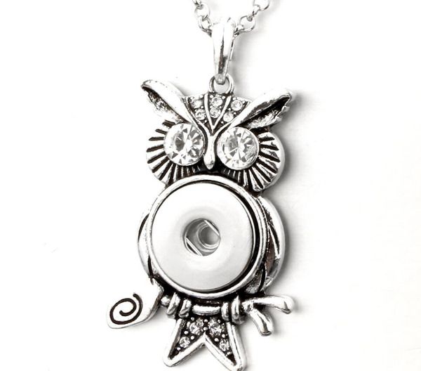 

10pcs cute owl crystal necklaces metal snap button necklace fit 18mm snap buttons pendant necklaces women snap jewelry, Silver