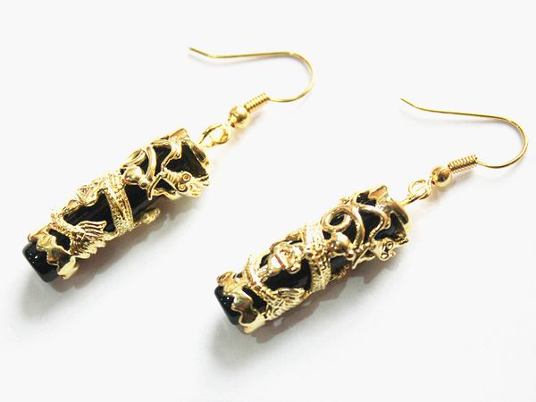 

fancy black natural stone 18kgp dragon earring, Golden;silver