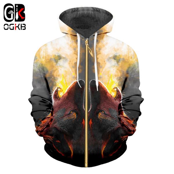 

ogkb animal printed zipper hoodies fire wolf 3d hoodies men/women sweatshirts oversize 6xl autumn casual pullover tracksuits, Black