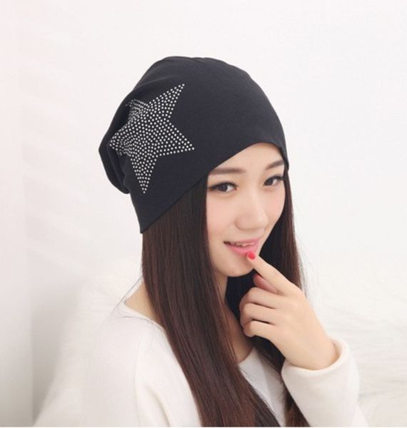 

scarf hat drilling five-pointed star czekh rhinestone cotton lovers set head cap ma'am fashion leisure time heap hat, Blue;gray