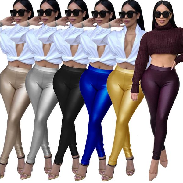 Mulheres Falso Lápis De Couro PU Calças Sexy Skinny Slim Fit Leggings Clube 6 Cores Calças Justas de Ouro