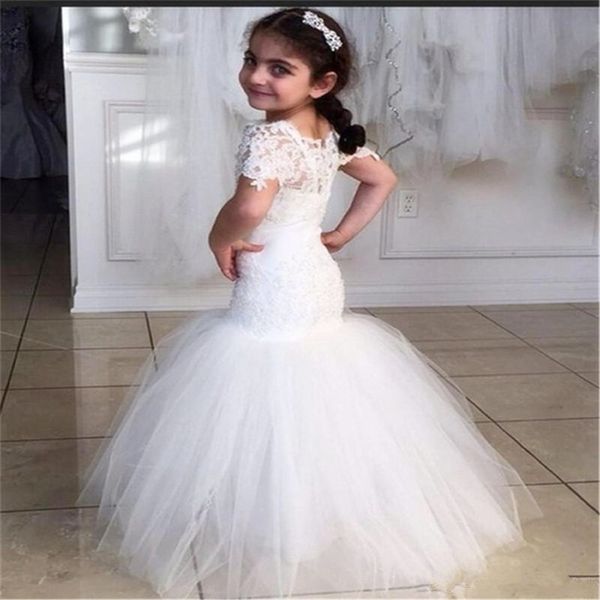 

lace mermaid flower girl dresses new floor length fashion wedding pageant gowns sheer short sleeve tulle birthday party dress for girl, White;blue