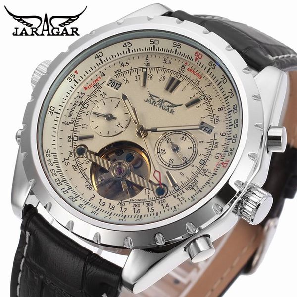 

jaragar silver mens mechanical watches luxury automatic watch calendar day week year leather relogio masculino 2018, Slivery;brown