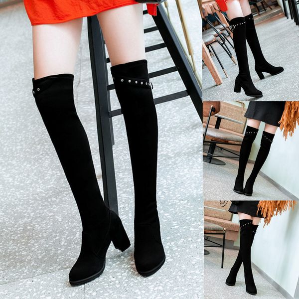 

women suede round toe high boot over the knee boot buckle strap high heels shoes woman winter lady boots for dropshipping new, Black