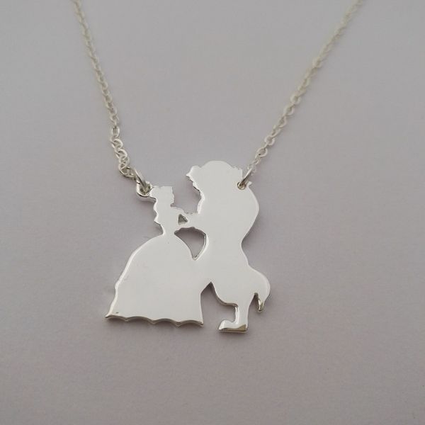 

10pcs beauty and beast love charm pendant necklace princess and prince necklaces for movie fairy tale victorian jewelry, Silver
