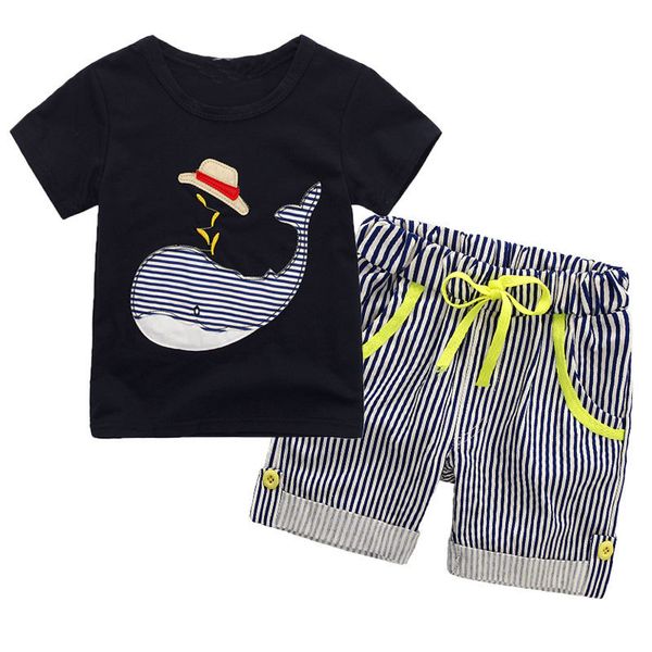 

wholesale kids designer clothes boys summer boy ins whale hat stripe suit cartoon dinosaur short sleeve t-shirt +shorts suit baby clothes, White