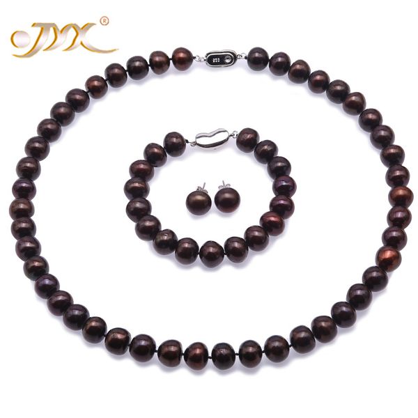 

jyx pearl jewelry set-big size 10.5-11.5mm flat coffee freshwater pearl necklace 925 sterling silver earrings bracelet 19"/7.5, Black