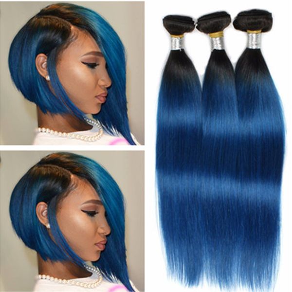 Straight 1b Blue Ombre Brazilian Virgin Human Hair Bundle Deals