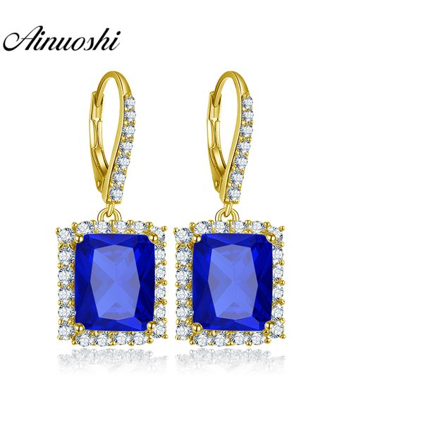 

ainuoshi 10k solid yellow gold drop earring 11ct cushion cut deep blue color sona diamond women jewelry gifts click back earring, Golden;silver