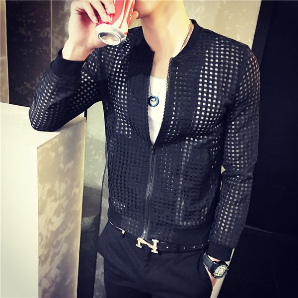 

2018 spring summer club outfit white black mens cool mesh jacket outwear retro fashion clothes fashion mens baseball jacket, Black;brown