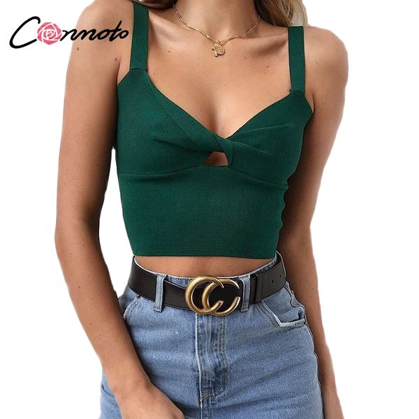 

conmoto cropped tank v neck solid slim knitted women sleeveless streetwear bow female green camis 2018 fall, White;black