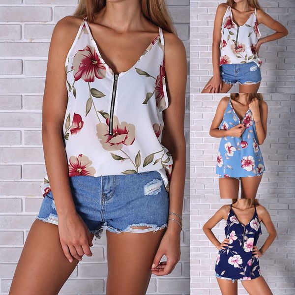 

2018 summer new style fashion women's casual cold shoulder floral print ladies loose casual tank tee, White