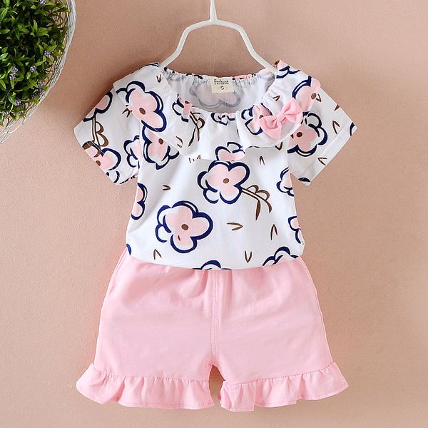 

baby girls clothes set summer kids little miss outfit toddler floral short sleeve t-shirt+ pants 2pcs children clothing set, White