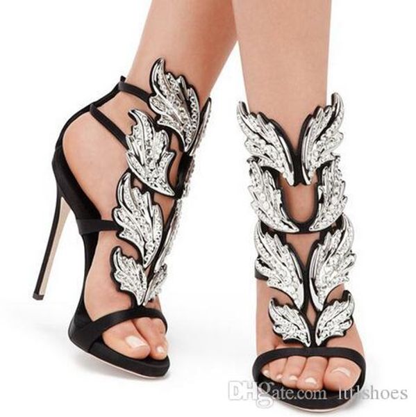 

2018 fashion desinger women summer gold winged sandals ankle strap shoes high heel gold leave women party shoes, Black