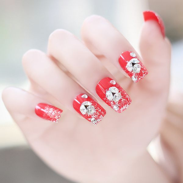 

new 24 pieces red diamond lady french 3d fashion style pre-designs long fake false sticker nails tips with glue, Red;gold