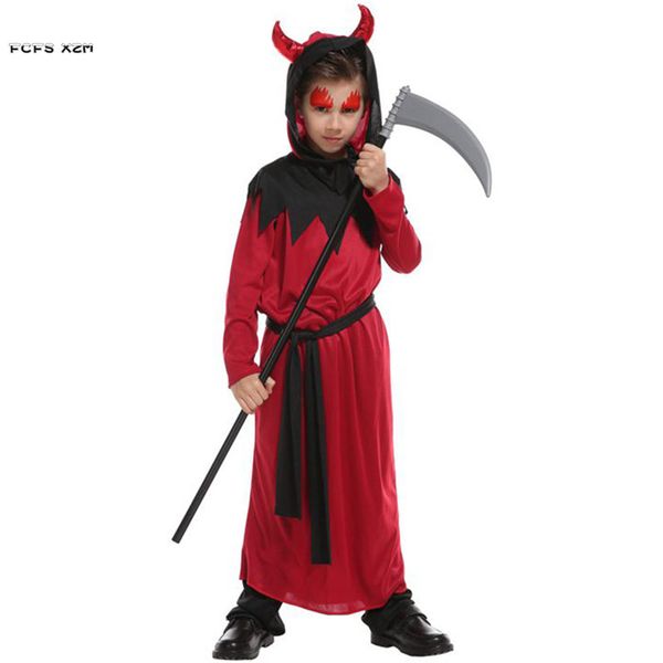 

m-xl boy fiend hell devil demon cosplay children halloween azrael death costume kids carnivl purim easter masquerade party dress, Black;red