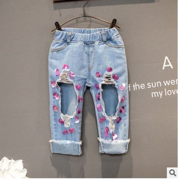 

children's clothing 2018 girl jeans capri pant kids denim hole cropped trousers 3/4 length trousers with sequins, Blue