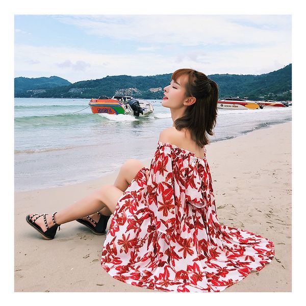 

2018 spring and summer new women's bohemian seaside resort skirt chiffon word shoulder strapless strapless dress, Black;white