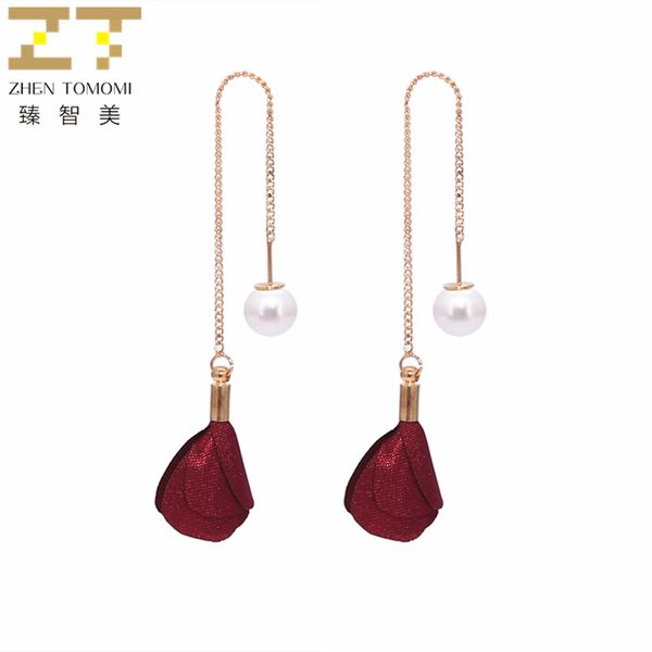 

2018 new women's fashion cloth flower earrings long statement metal chain tassel simulated pearl drop earrings for women jewelry, Silver