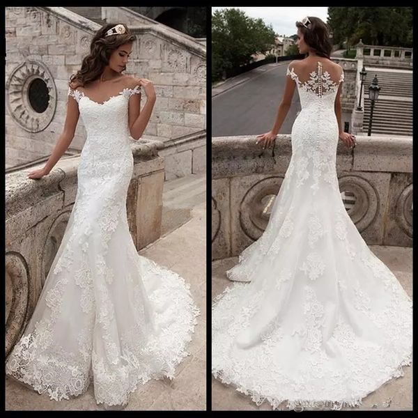 

vintage sheer neck mermaid wedding dresses 2018 boho bridal gowns cap sleeves appliques covered button wedding gowns plus size custom made, White