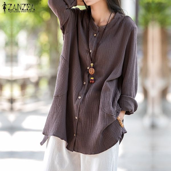 

zanzea women 2017 autumn cotton blouses casual loose solid shirts vintage stand collar long sleeve plus size blusas s-5xl, White