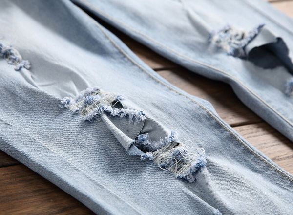 

высокое качество европы и сша внешней торговли мужские джинсы прямо тонкий локомотив большая дыра маленькие ноги мужские джинсы 2018, Blue