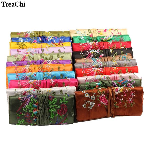 

multifunctional chinese wind silk jewelry organizer pouches bag ring bar 3 zipper silk embroidery flower bird travel roll bag, Black;white