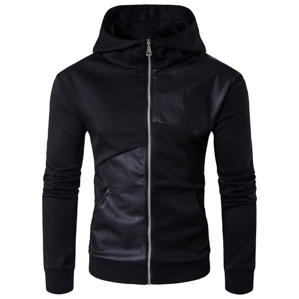 

men's patchwork long turtleneck sweatshirt hooded streetwear pullover hoodie style hoodies hip hop leather england cotton sleeve sa ghi, Black