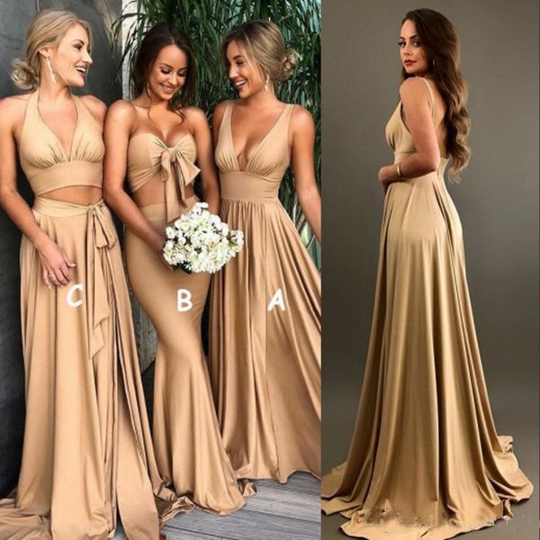 Seksi Altın Nedime Elbiseleri Yan Slow A Hat V Boyun Long Boho Beach Düğün Konuk Elbiseleri Onur Gowns Plus Boyut