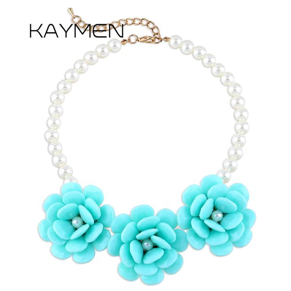 

kaymen 3 acrylic beads flowers and imitation pearls stand choker necklace for girls handmade candy color cute fashion necklace, Golden;silver