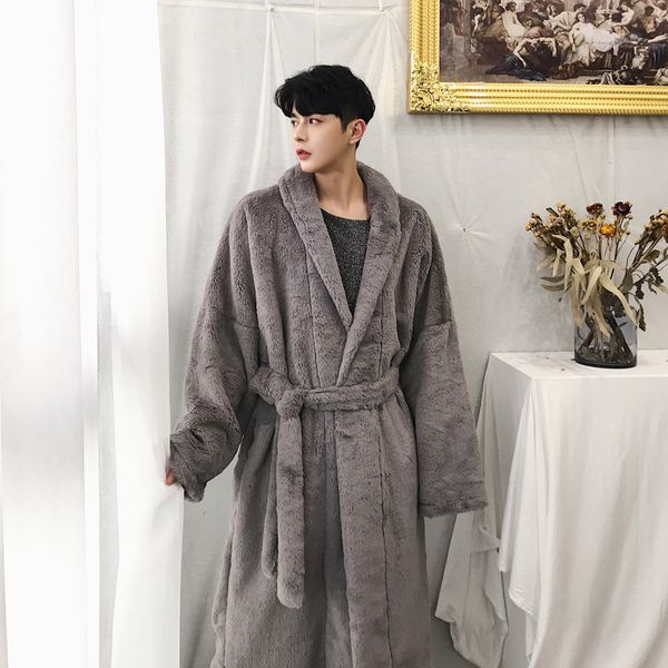 

new men long belt casual trench coat male faux fur robe jacket streetwear autumn winter warm outerwear windbreaker overcoat, Tan;black