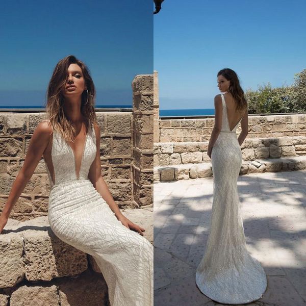 

2018 Sexy Mermaid Wedding Dresses Deep V Neck Sweep Train Bridal Gowns With Sequins Backless Beach Wedding Dress
